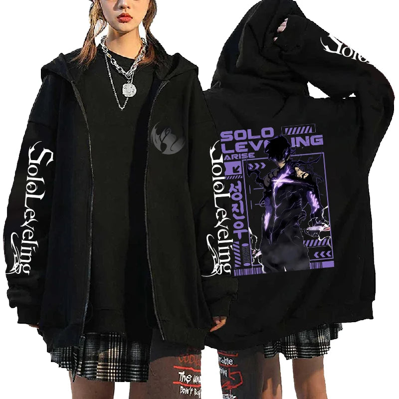 Solo Leveling Sung Jin Woo Zip Up Hoodie Anime Printed Sweatshirt Men Unisex Long Sleeve Fleece Loose Hooded Zipper Streetwear