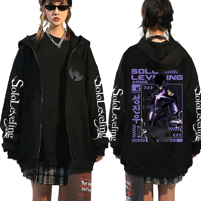 Solo Leveling Sung Jin Woo Zip Up Hoodie Anime Printed Sweatshirt Men Unisex Long Sleeve Fleece Loose Hooded Zipper Streetwear
