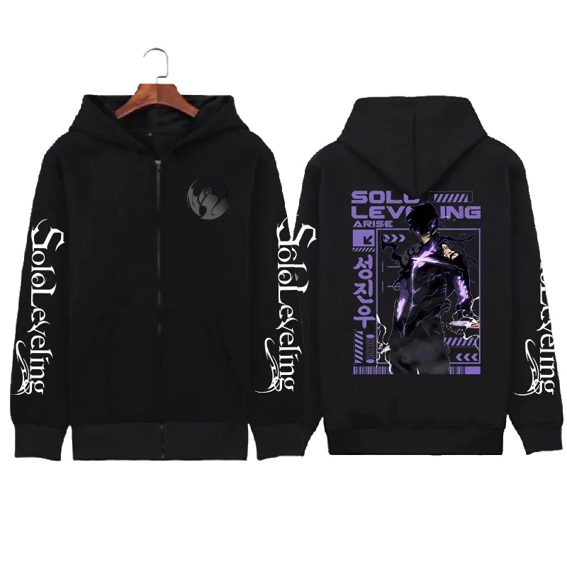 Solo Leveling Sung Jin Woo Zip Up Hoodie Anime Printed Sweatshirt Men Unisex Long Sleeve Fleece Loose Hooded Zipper Streetwear