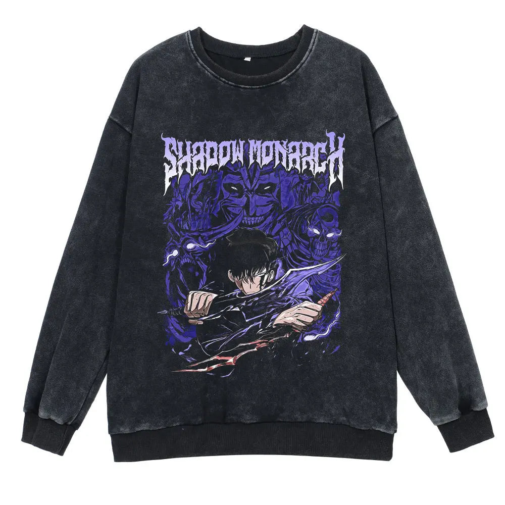 Anime Solo Leveling Retro Washed Hoodies Arise Print Vintage 100% Cotton Hooded Sweatshirts Oversize Hip Hop Male Pullover