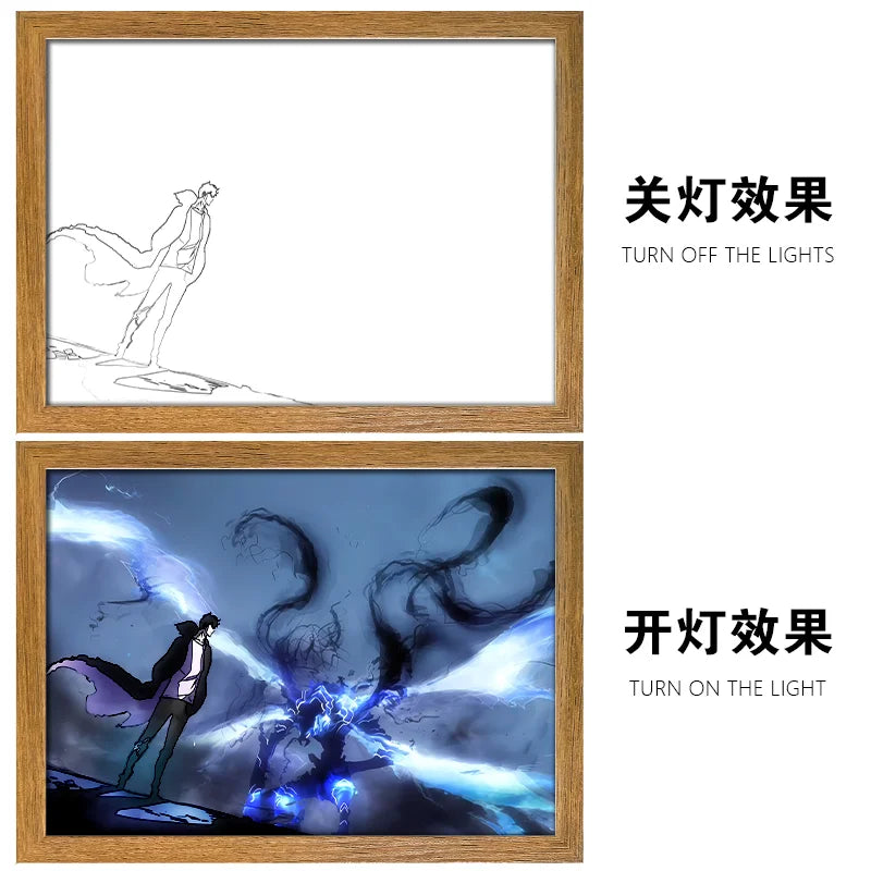 Solo Leveling LED Light Painting Anime Figure Cheng Xiaoyu Cha Hae In Portrait Drawing Lamp Room Decoration Poster Draw Light