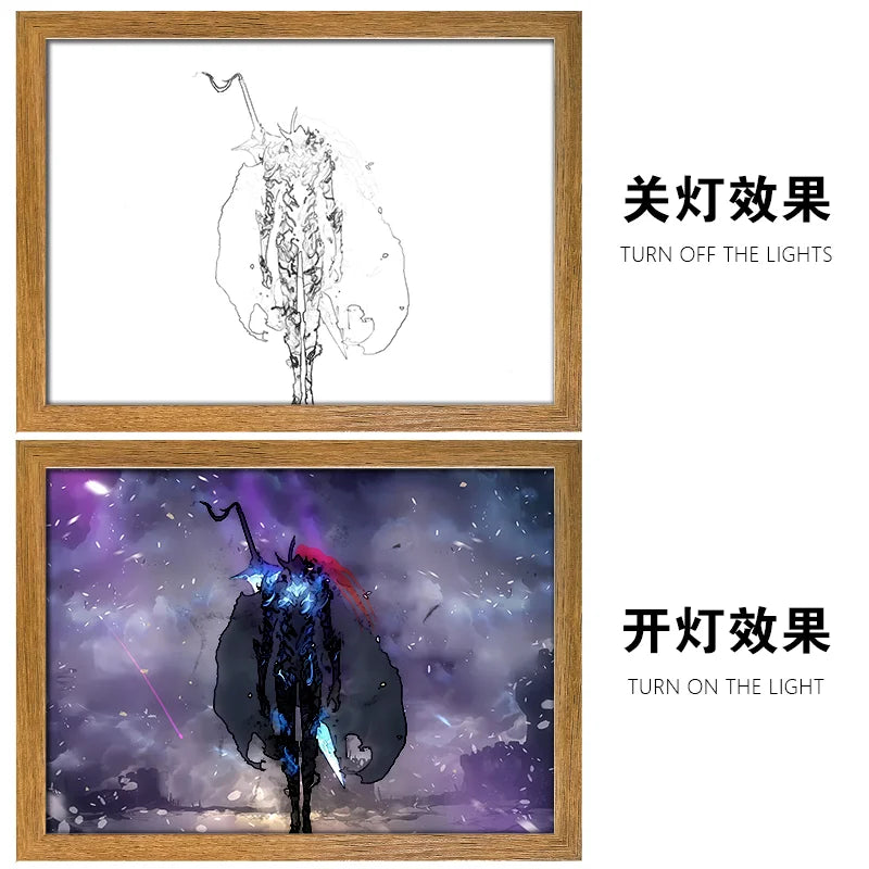 Solo Leveling LED Light Painting Anime Figure Cheng Xiaoyu Cha Hae In Portrait Drawing Lamp Room Decoration Poster Draw Light