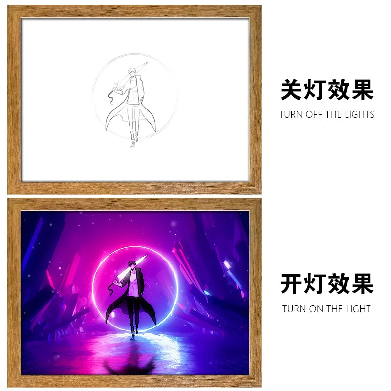 Solo Leveling LED Light Painting Anime Figure Cheng Xiaoyu Cha Hae In Portrait Drawing Lamp Room Decoration Poster Draw Light