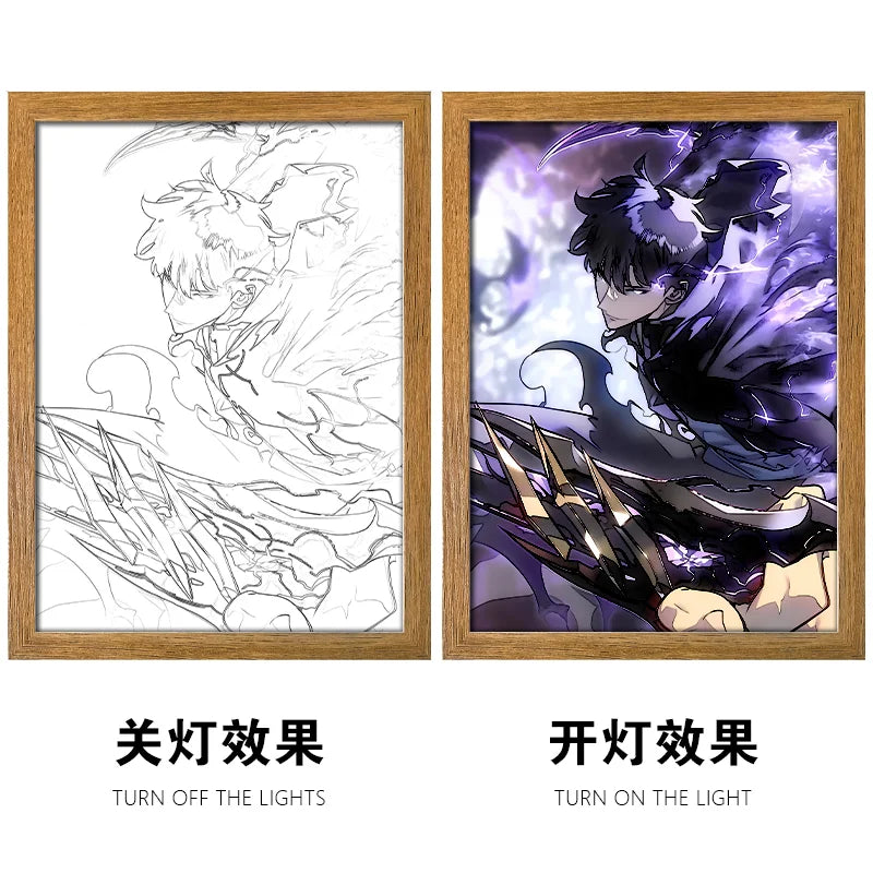 Solo Leveling LED Light Painting Anime Figure Cheng Xiaoyu Cha Hae In Portrait Drawing Lamp Room Decoration Poster Draw Light