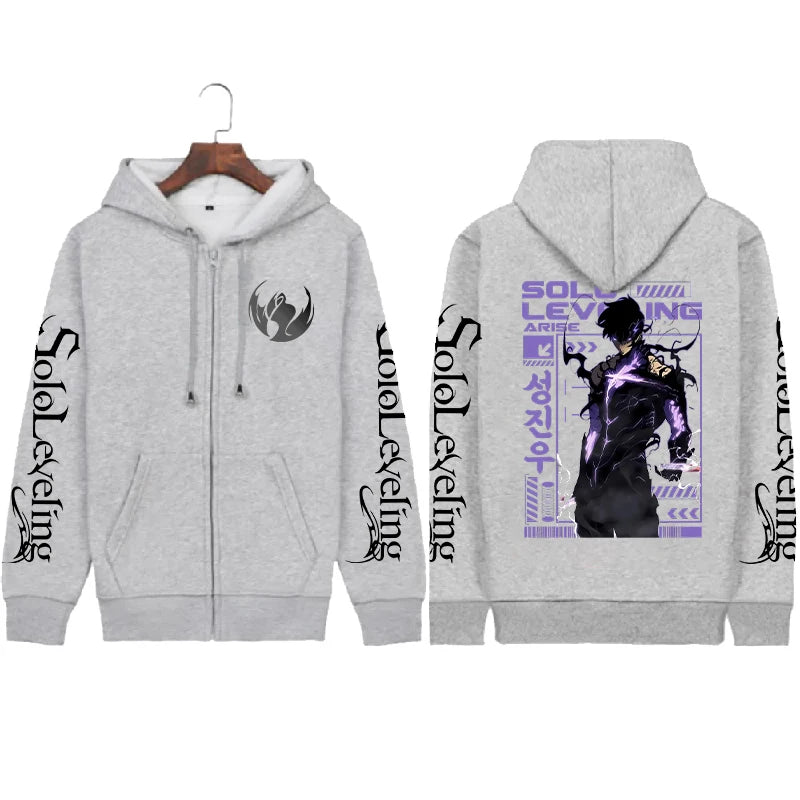 Solo Leveling Sung Jin Woo Zip Up Hoodie Anime Printed Sweatshirt Men Unisex Long Sleeve Fleece Loose Hooded Zipper Streetwear