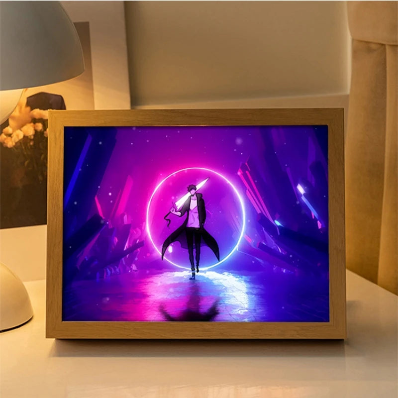 Solo Leveling LED Light Painting Anime Figure Cheng Xiaoyu Cha Hae In Portrait Drawing Lamp Room Decoration Poster Draw Light