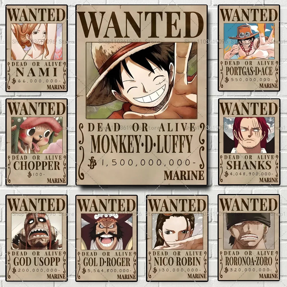One Piece Retro Anime Art Luffy Zoro Chopper Poster Self-adhesive Art Waterproof Paper Sticker Coffee House Bar Room Wall Decor