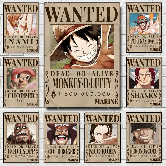 One Piece Retro Anime Art Luffy Zoro Chopper Poster Self-adhesive Art Waterproof Paper Sticker Coffee House Bar Room Wall Decor