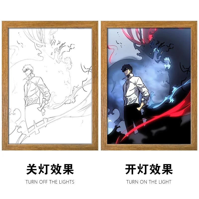 Solo Leveling LED Light Painting Anime Figure Cheng Xiaoyu Cha Hae In Portrait Drawing Lamp Room Decoration Poster Draw Light