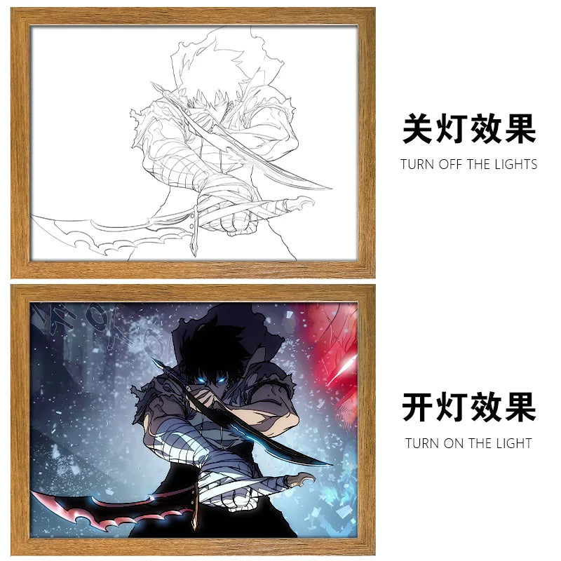 Solo Leveling LED Light Painting Anime Figure Cheng Xiaoyu Cha Hae In Portrait Drawing Lamp Room Decoration Poster Draw Light