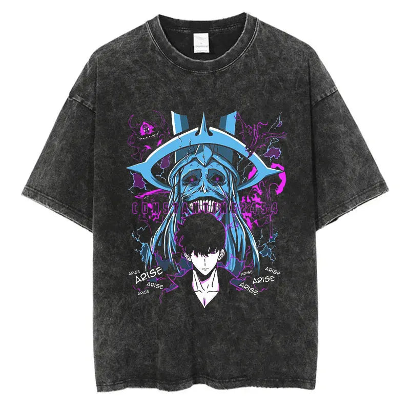Anime Solo Leveling Retro Washed Hoodies Arise Print Vintage 100% Cotton Hooded Sweatshirts Oversize Hip Hop Male Pullover