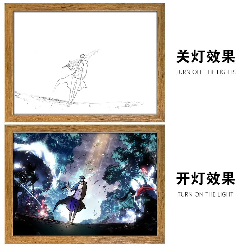 Solo Leveling LED Light Painting Anime Figure Cheng Xiaoyu Cha Hae In Portrait Drawing Lamp Room Decoration Poster Draw Light