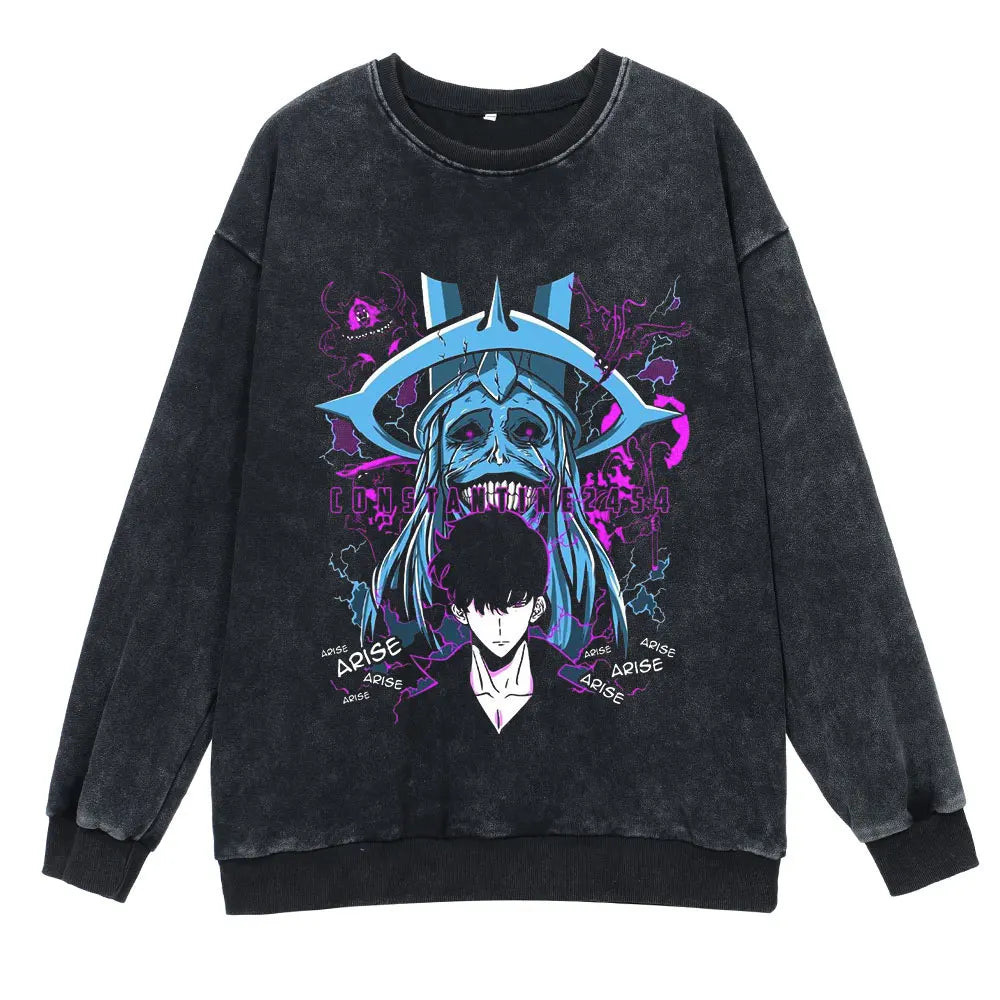 Anime Solo Leveling Retro Washed Hoodies Arise Print Vintage 100% Cotton Hooded Sweatshirts Oversize Hip Hop Male Pullover