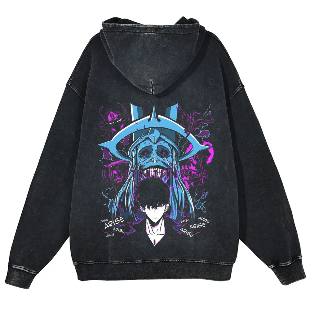 Anime Solo Leveling Retro Washed Hoodies Arise Print Vintage 100% Cotton Hooded Sweatshirts Oversize Hip Hop Male Pullover