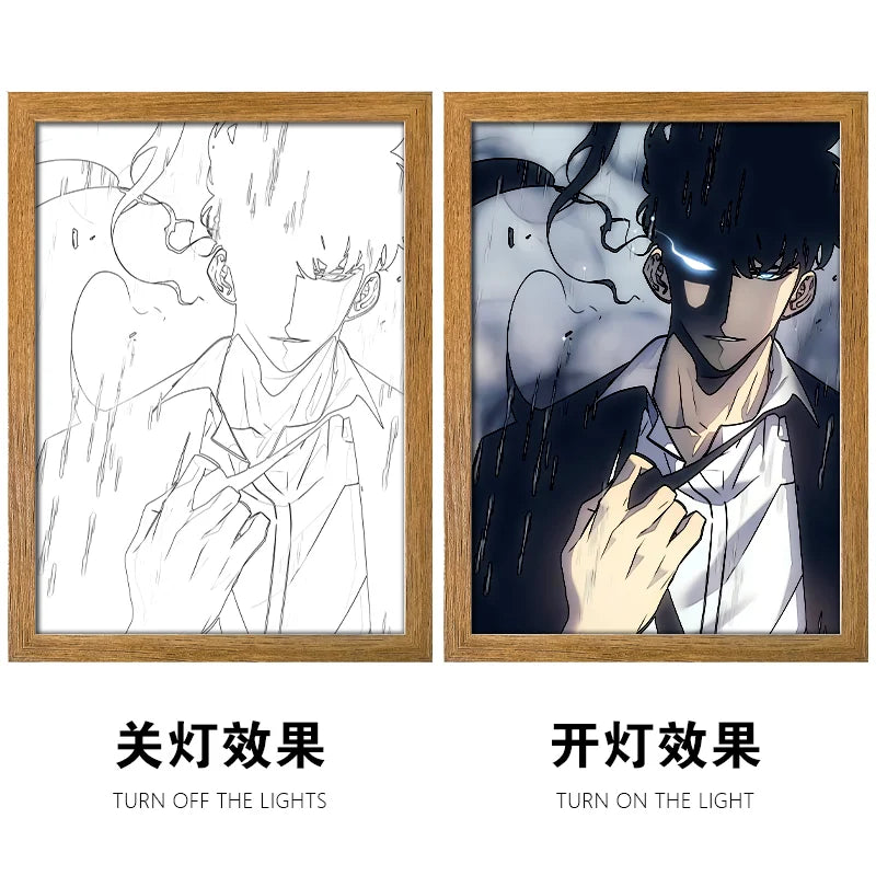 Solo Leveling LED Light Painting Anime Figure Cheng Xiaoyu Cha Hae In Portrait Drawing Lamp Room Decoration Poster Draw Light