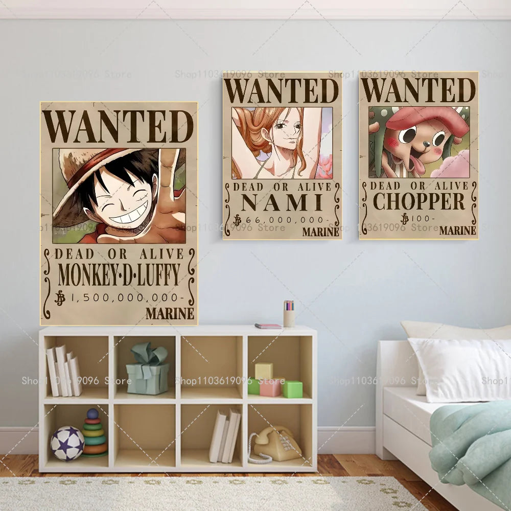 One Piece Retro Anime Art Luffy Zoro Chopper Poster Self-adhesive Art Waterproof Paper Sticker Coffee House Bar Room Wall Decor