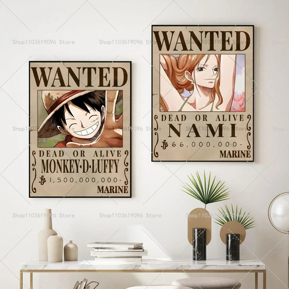 One Piece Retro Anime Art Luffy Zoro Chopper Poster Self-adhesive Art Waterproof Paper Sticker Coffee House Bar Room Wall Decor