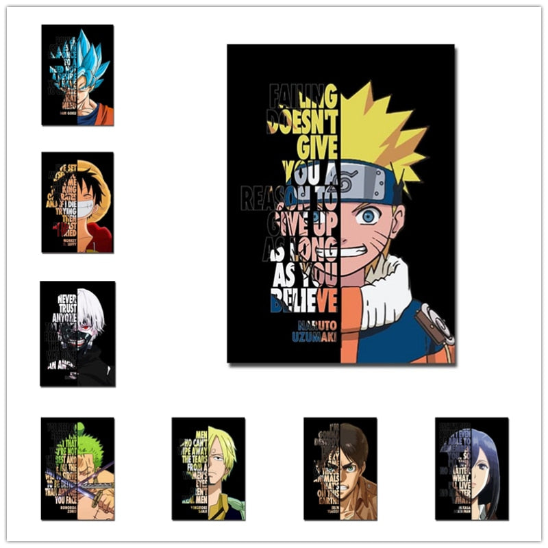 Naruto One Piece Dragon Ball Anime Canvas Painting Motivational Quote Letter Poster Luffy Goku Manga Wall Art Home Decor Cuadros